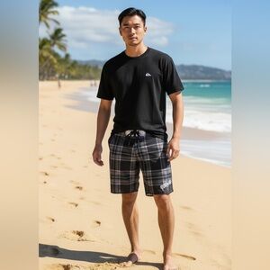 NWT Quicksilver Black Plaid Board Shorts-Men’s 27